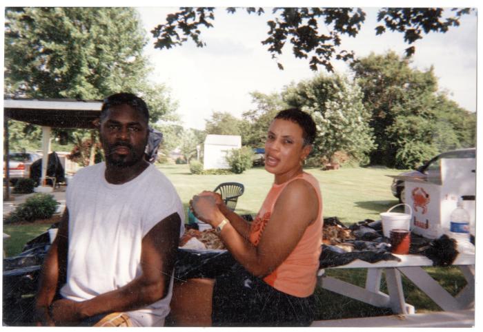 Deborah Jones Johnson, cousin Lisa Sisco, family at crab feast in Big Woods, MD, circa late 1990s.