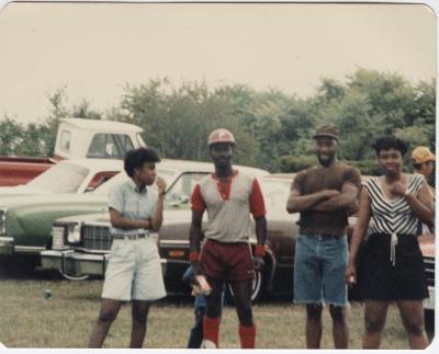 Neighborhood baseball friends with Barry Johnson in his baseball uniform, circa  late 1980s
