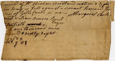 Receipt for use of Margaret between Eliscander Kelly and Abraham Woodland