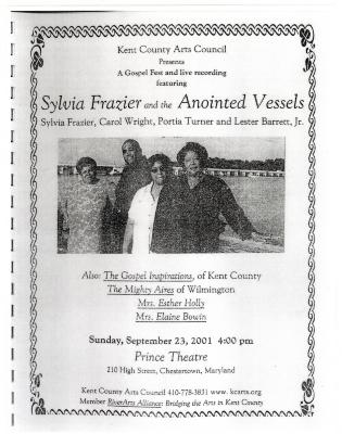 Flier for a Gospel Music Event featuring Sylvia Frazier and the Anointed Vessels