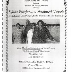 Flier for a Gospel Music Event featuring Sylvia Frazier and the Anointed Vessels