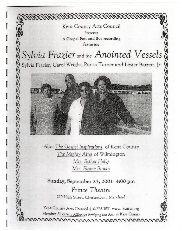 Flier for a Gospel Music Event featuring Sylvia Frazier and the Anointed Vessels