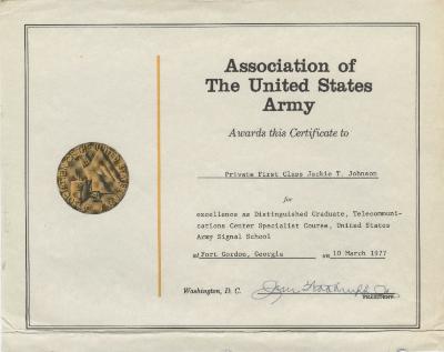 Certificate of Excellence for PFC. Jackie T. Johnson