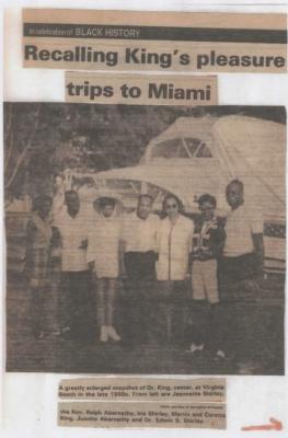 Scrapbook clipping of Dr. Martin Luther King, Jr. and friends at Virginia Beach, 1950s.
