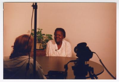 Elizabeth Smith Johnson prepares for an oral history interview.