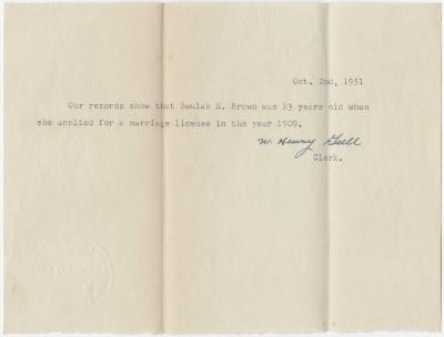 Proof of Beulah E. Brown's Application for a Marriage License