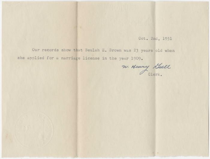 Proof of Beulah E. Brown's Application for a Marriage License