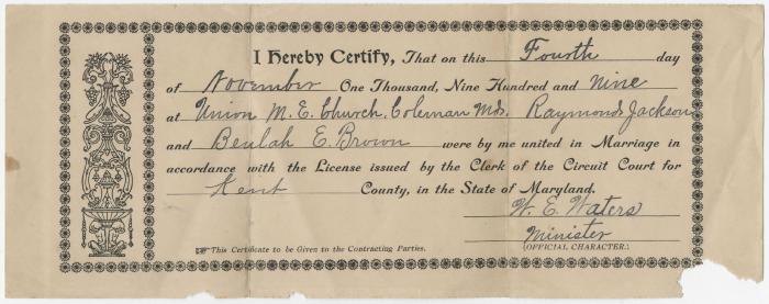 Marriage License of Raymond Jackson and Beulah E. Brown, 1909