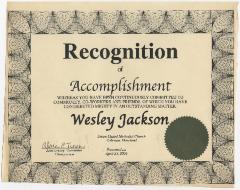 Certificate of Appreciation to Wesley Jackson from Union United Methodist Church