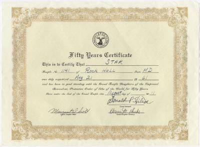 Fifty Years Certificate of Star Temple #1141 (Grand Temple Daughters of the Improved Benevolent, Protective Order of the Elks of the World)