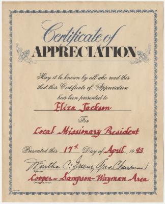 Certificate of Appreciation Given to Eliza Jackson