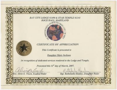 Certificate of Appreciation from Improved Benevolent and Protective Order of Elks of the World Lodge #1409 to Mary Jackson