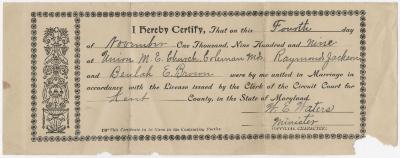 Marriage License of Raymond Jackson and Beulah E. Brown, 1909