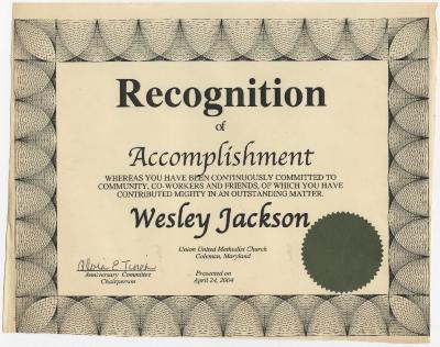 Certificate of Appreciation to Wesley Jackson from Union United Methodist Church