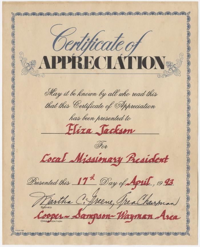 Certificate of Appreciation Given to Eliza Jackson