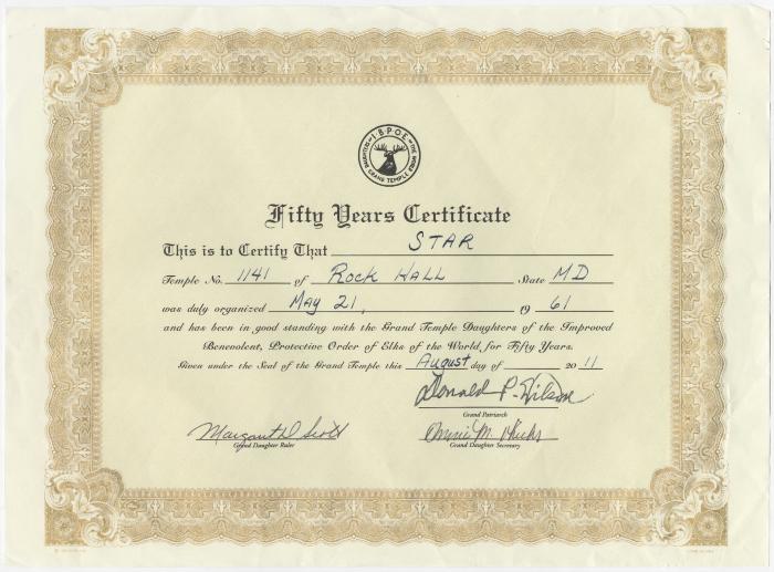 Fifty Years Certificate of Star Temple #1141 (Grand Temple Daughters of the Improved Benevolent, Protective Order of the Elks of the World)