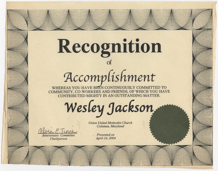 Certificate of Appreciation to Wesley Jackson from Union United Methodist Church