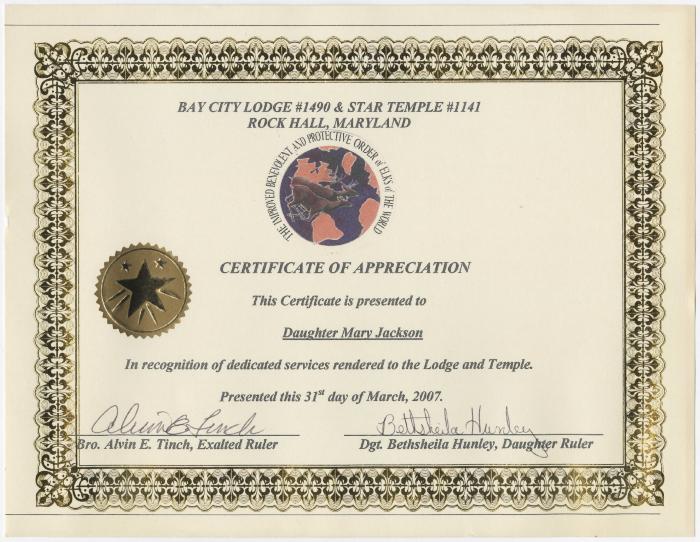 Certificate of Appreciation from Improved Benevolent and Protective Order of Elks of the World Lodge #1409 to Mary Jackson