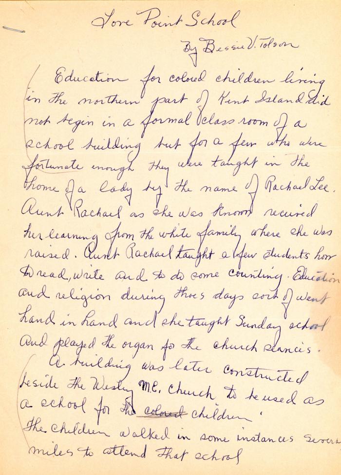 A description of Love Point School by Bessie V. Tolson