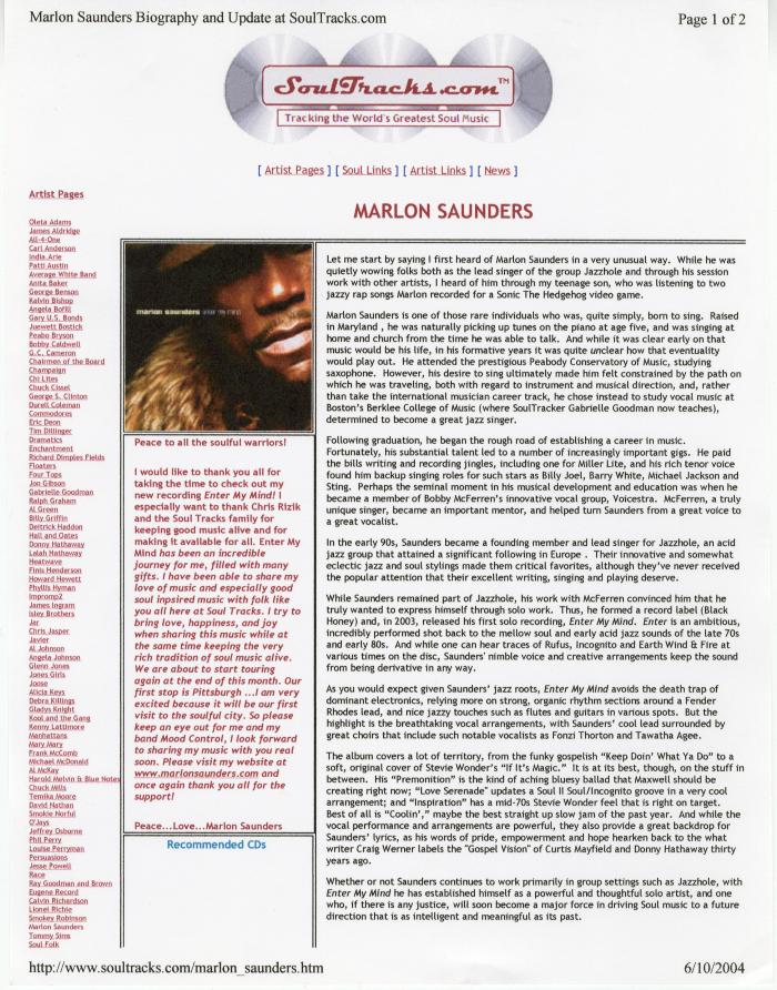 Review of Marlon Saunders' Album "Enter My Mind"