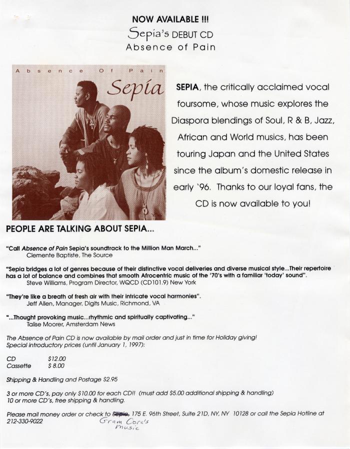 Ad for Sepia "Absence of Pain" album release