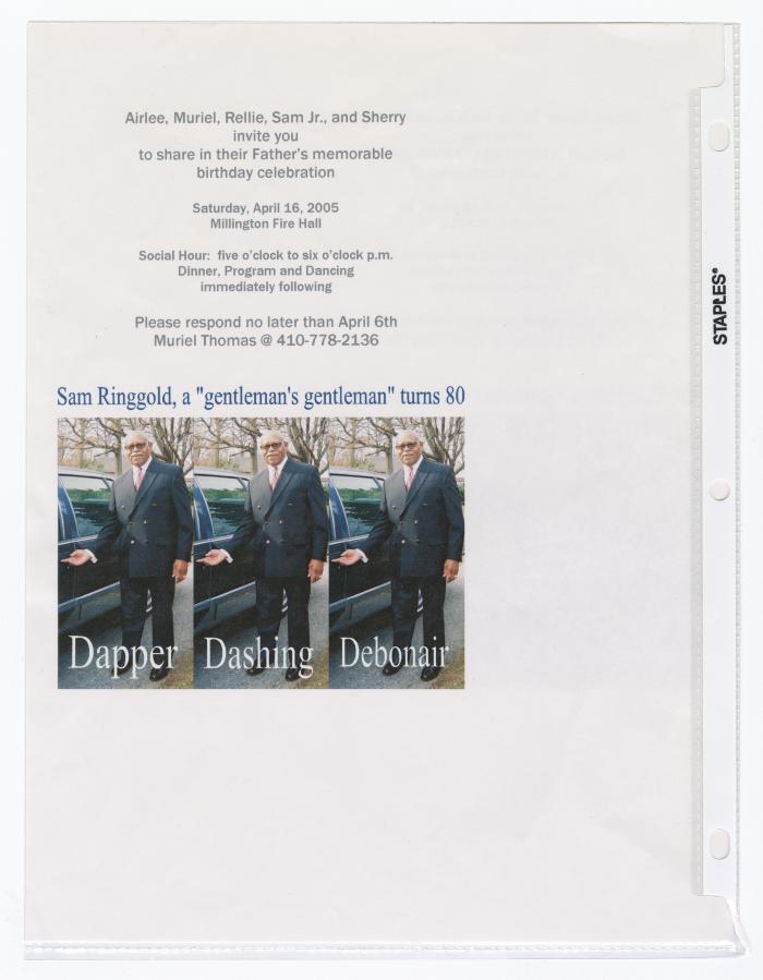 Invitations to Sam Ringgold Sr. "A Gentleman's Gentleman" 80th birthday party