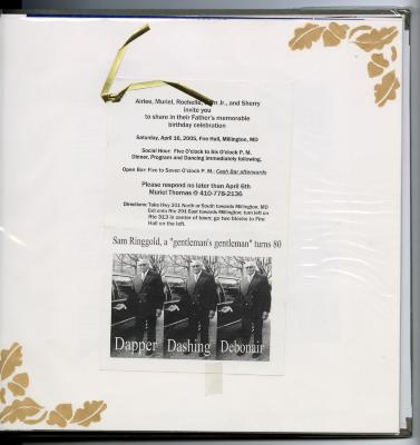 Scrapbook page of Sam Ringgold Sr.'s 80th birthday invitation