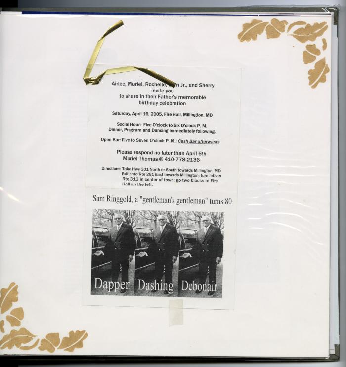 Scrapbook page of Sam Ringgold Sr.'s 80th birthday invitation