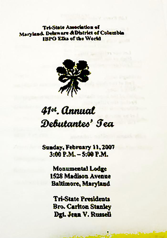 Program for the February 11, 2007 Debutante's Tea, sponsored by the Tri-State Elks